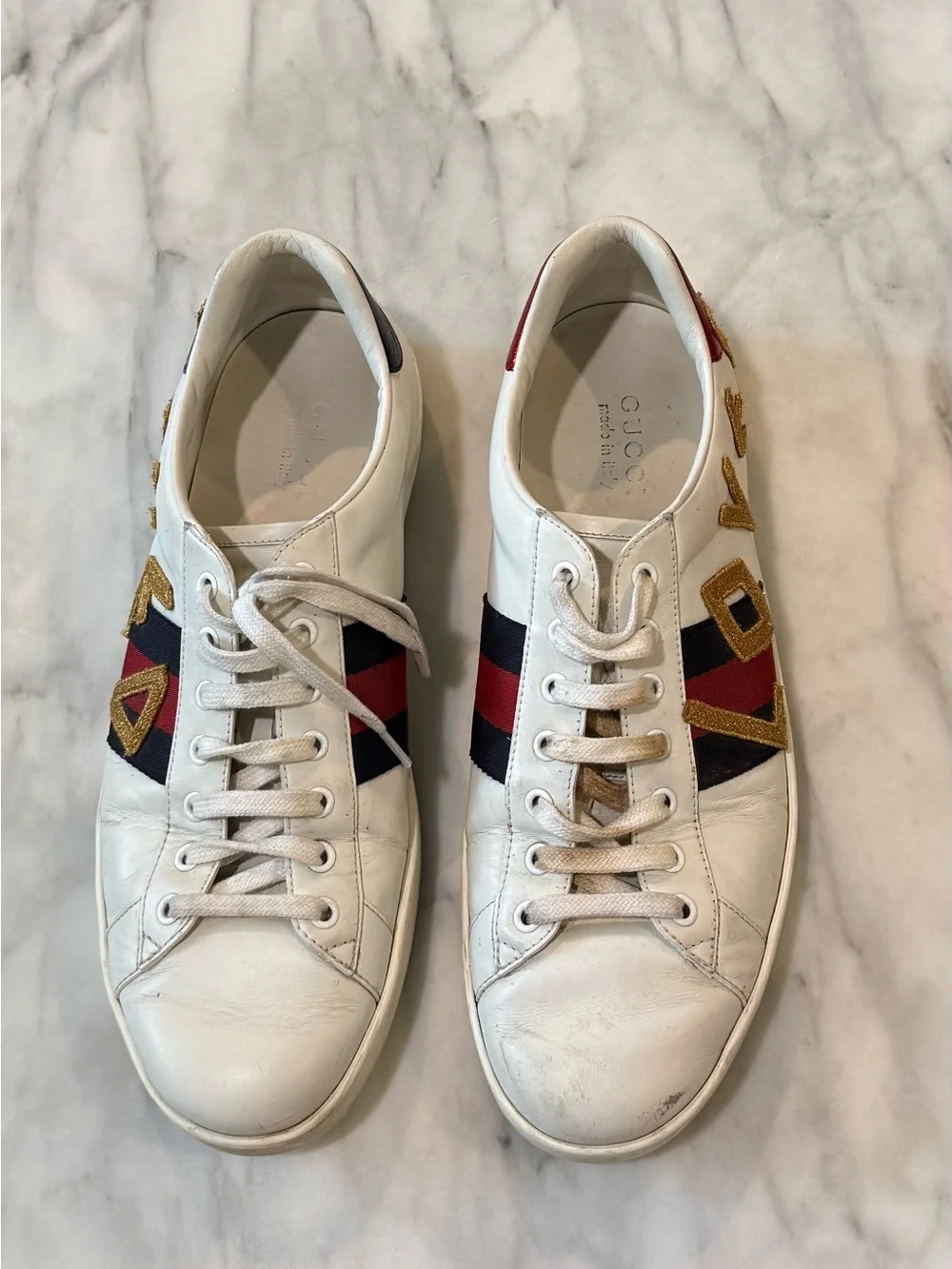 Gucci Ace LOVED Leather Sneakers Men’s US 10 White Web Stripe Made In Italy